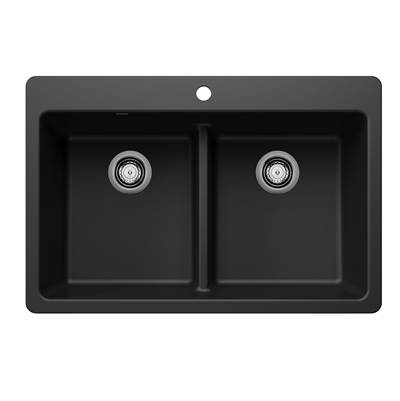 Blanco Liven Silgranit 33" 50/50 Double Bowl Dual Mount Kitchen Sink with Low Divide in Coal Black
