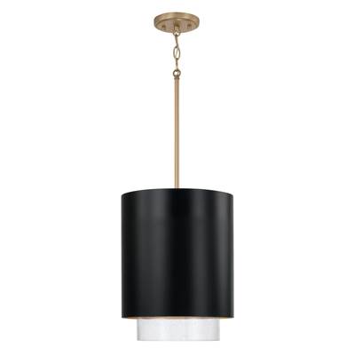 Capital Lighting Weller 11.50"W x 19.50"H 1-Light Cylindrical Metal Pendant - Seeded Glass in Matte Brass Black