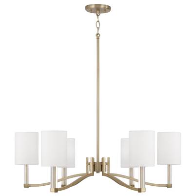 Capital Lighting Ingrid 6-Light Chandelier - 40" W x 18.5" H - Clear Acrylic Accents and White Fabric Shades in Matte Brass