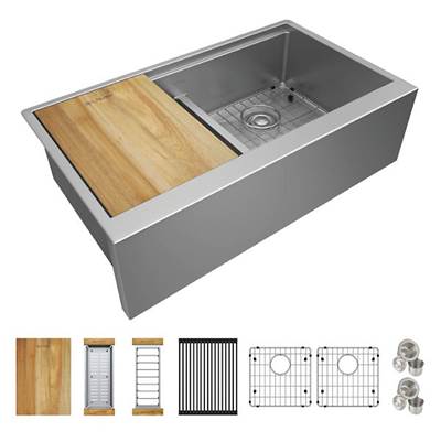 Elkay Reserve Selection Crosstown 34-7/8" x 20-1/4" x 9-7/16" - Equal Double Bowl - Workstation Farmhouse Kitchen Sink in Polished Satin