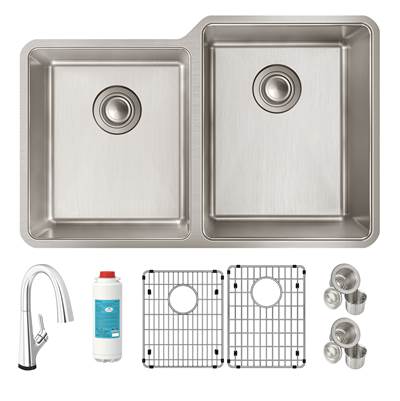 Elkay Lustertone Iconix Undermount Kitchen Sink Kit - 31-1/4'' x 20-1/2'' x 9'' - Double Bowl with Filtered Faucet in Stainless Steel