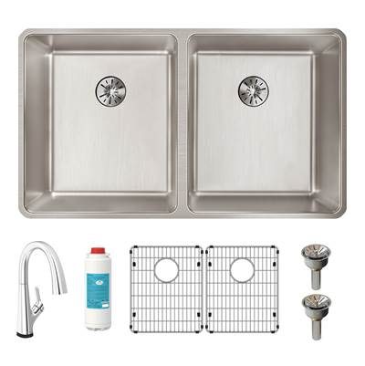 Elkay Reserve Selection Lustertone Iconix Undermount Kitchen Sink Kit - 32-3/4'' x 19-1/2'' x 9'' - Double Bowl with Filtered Faucet in Stainless Steel
