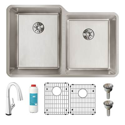 Elkay Reserve Selection Lustertone Iconix Undermount Kitchen Sink Kit - 31-1/4'' x 20-1/2'' x 9'' - Double Bowl with Filtered Faucet in Stainless Steel