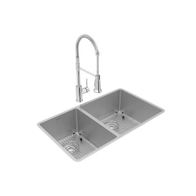 Elkay Crosstown 31-1/2" x 18-1/2" x 9" 40/60 Double Bowl Undermount Kitchen Sink and Faucet Kit in Polished Satin