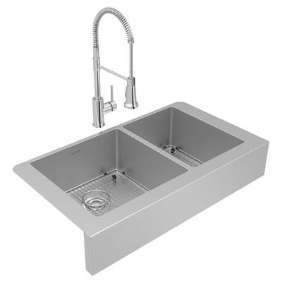 Elkay Crosstown® 35-7/8" x 20-1/4" x 9" - 60/40 Double Bowl Farmhouse Kitchen Sink and Faucet Combo in Polished Satin