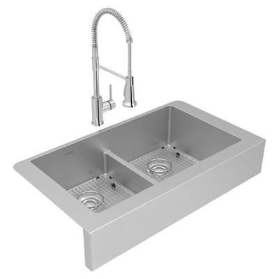 Elkay Crosstown® 35-7/8" x 20-1/4" x 9" - Equal Double Bowl Farmhouse Kitchen Sink and Faucet Combo in Polished Satin