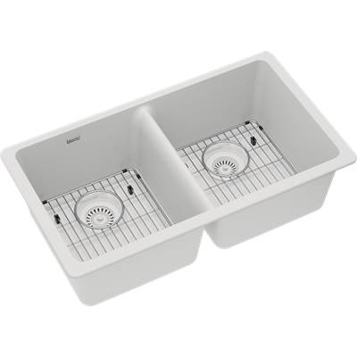 Elkay Quartz Classic Equal Double Bowl Undermount Kitchen Sink - 33" x 18-1/2" x 9-1/2" - with Faucet in White