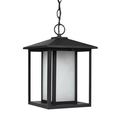 Generation Lighting Hunnington Outdoor Pendant - Etched Seeded Glass - in Black