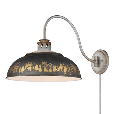 Golden Lighting Kinsley 1-Light Swing Arm Wall Lamp - Antique Black Iron Shade in Aged Galvanized Steel