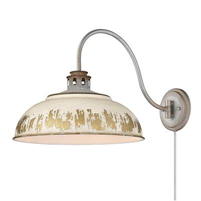 Golden Lighting Kinsley 1-Light Swing Arm Wall Lamp - Antique Ivory Shade in Aged Galvanized Steel