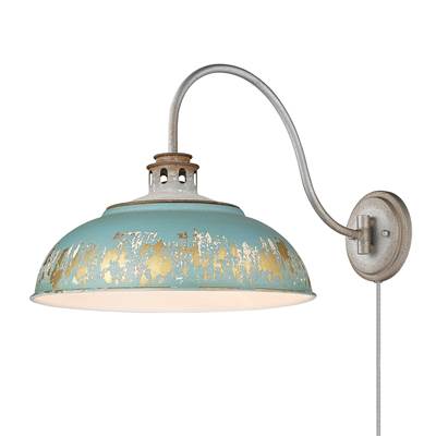 Golden Lighting Kinsley 1-Light Swing Arm Wall Lamp - Antique Teal Shade in Aged Galvanized Steel