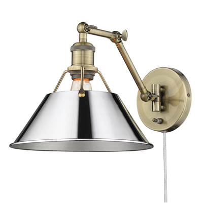 Golden Lighting Orwell 1-Light Swing Arm Wall Lamp - Chrome Shade in Aged Brass