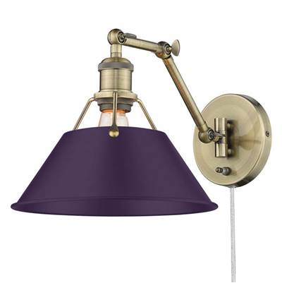 Golden Lighting Orwell 1-Light Swing Arm Wall Lamp - Exotic Purple Shade in Aged Brass