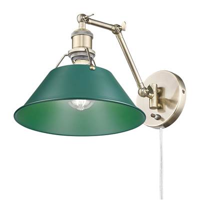 Golden Lighting Orwell 1-Light Swing Arm Wall Lamp - Pine Green Shade in Aged Brass