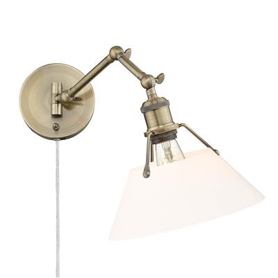 Golden Lighting Orwell 1-Light Swing Arm Wall Lamp - Opal Glass Shade in Aged Brass