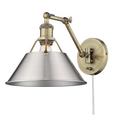 Golden Lighting Orwell 1-Light Swing Arm Wall Lamp - Pewter Shade in Aged Brass