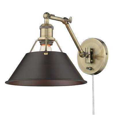 Golden Lighting Orwell 1-Light Swing Arm Wall Lamp - Rubbed Bronze Shade in Aged Brass
