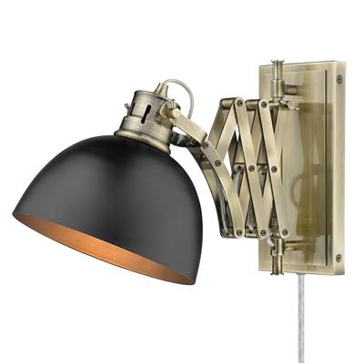 Golden Lighting Hawthorn 1-Light Swing Arm Sconce - Matte Black Shade in Aged Brass