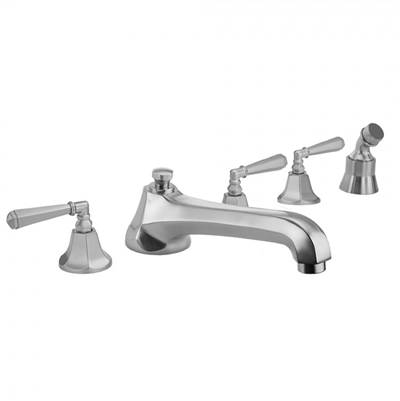 Jaclo Astor Deck Mounted Tub Filler - Hex Lever Handles - Angled Handshower in Antique Brass