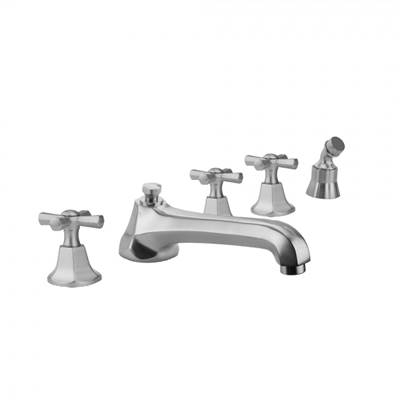 Jaclo Astor Roman Tub Set - Low Spout - Hex Cross Handles - Angled Handshower Mount in Antique Brass