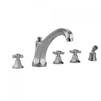 Jaclo Astor Roman Tub Set - High Spout - Ball Cross Handles - Angled Handshower Mount in Antique Brass