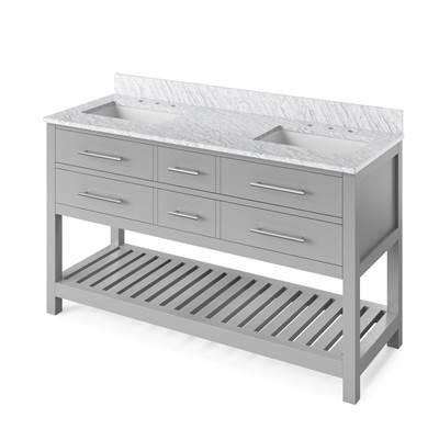 Jeffrey Alexander Wavecrest 60'' Double Vanity - White Carrara Marble Top - Undermount Rectangle in Grey