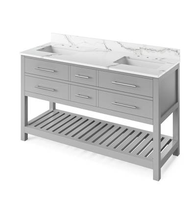 Jeffrey Alexander Wavecrest 60'' Double Vanity - Calacatta Vienna Quartz Top - Undermount Rectangle in Grey