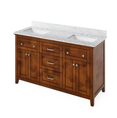 Jeffrey Alexander Chatham 60" Double Vanity - White Carrara Marble Top - Double Undermount Rectangle Bowls in Chocolate