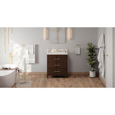 Jeffrey Alexander Katara 30" Double Vanity - Calacatta Vienna Quartz Top - Undermount Rectangle Bowl in Dark Walnut
