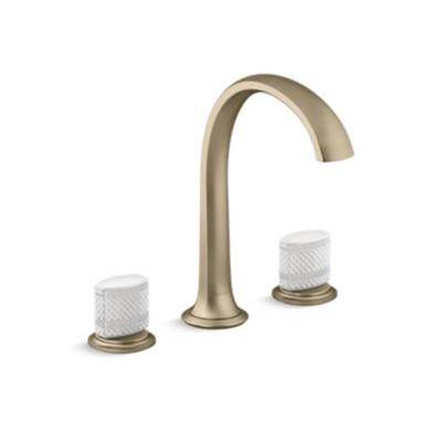 Kallista Script Widespread Bathroom Sink Faucet - White Porcelain Knobs in Brushed French Gold