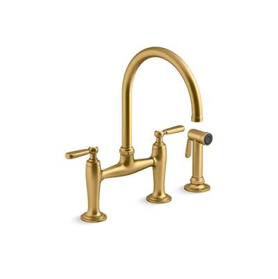 EdalynE by Studio McGee Two-hole bridge kitchen sink faucet with side sprayer - Vibrant Brushed Moderne Brass