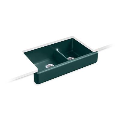 Kohler Whitehaven Smart Divide 35-1/2'' undermount double-bowl farmhouse kitchen sink with short apron - Teal