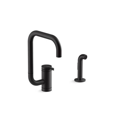 Components Single-handle kitchen sink faucet with two-function extended-reach spout and side sprayer