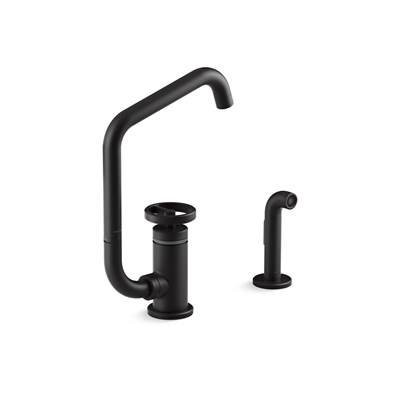 BilletE Single-handle kitchen sink faucet with two-function extended-reach spout and side sprayer