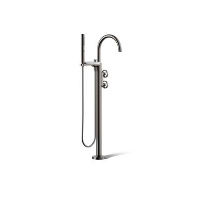 Components Floor-mount bath filler trim with industrial handles and handshower