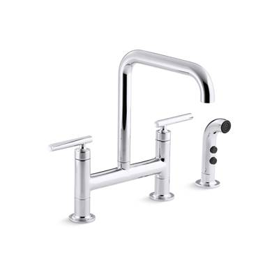 Kohler Purist Two-hole bridge kitchen sink faucet with side sprayer - Polished Chrome