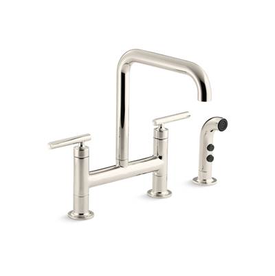 Kohler Purist Two-hole bridge kitchen sink faucet with side sprayer - Vibrant Polished Nickel