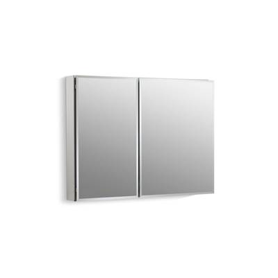 35'' W x 26'' H aluminum two-door medicine cabinet with mirrored doors, beveled edges