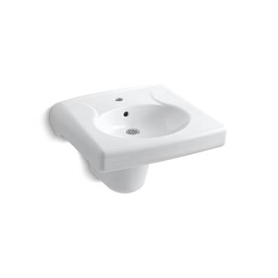 BrenhamE Wall-mount or concealed carrier arm mount commercial bathroom sink with single faucet hole and shroud, antimicrobial finish