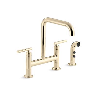 Kohler Purist Two-hole bridge kitchen sink faucet with side sprayer - Vibrant French Gold