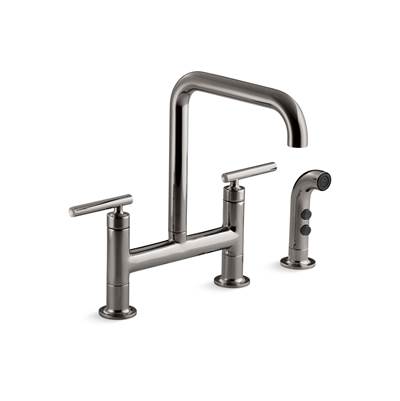 Kohler Purist Two-hole bridge kitchen sink faucet with side sprayer - Vibrant Titanium