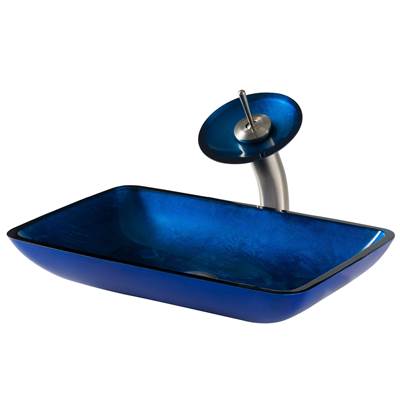 Kraus Rectangular Blue Glass Vessel Sink & Waterfall Faucet Combo - Disk & Pop-Up Drain in Satin Nickel
