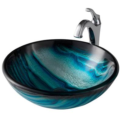 Kraus Nature™ Vessel Sink & Arlo Faucet Combo - 17" Blue Glass - Pop-Up Drain in Chrome