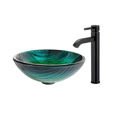 Kraus Nei Green Glass Vessel Sink & Ramus Faucet Combo - Tempered Glass - 1.2 GPM in Oil Rubbed Bronze