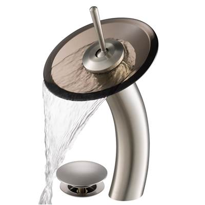 Kraus Waterfall Tall Bathroom Sink Faucet - Clear Brown Glass Disk - 2.2 GPM in Satin Nickel