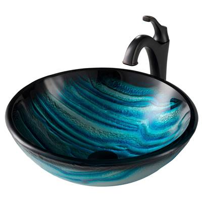 Kraus Nature™ Vessel Sink & Arlo Faucet Combo - 17" Blue Glass - Pop-Up Drain in Oil Rubbed Bronze