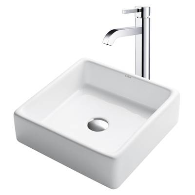 Kraus 15-inch Square White Porcelain Vessel Sink & Ramus® Faucet Combo - Pop-Up Drain - 1.2 GPM in Chrome