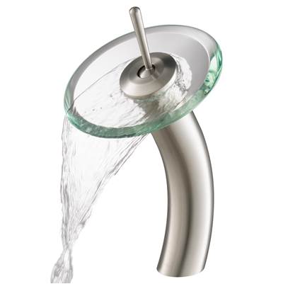 Kraus Waterfall Tall Bathroom Sink Faucet - Clear Glass Disk - 2.2 GPM in Satin Nickel