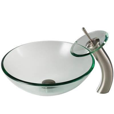 Kraus Clear Glass Vessel Sink & Waterfall Faucet Combo - Pop-Up Drain in Satin Nickel