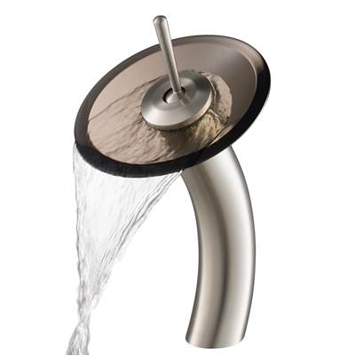 Kraus Waterfall Tall Bathroom Sink Faucet - Clear Brown Glass Disk - 2.2 GPM in Satin Nickel
